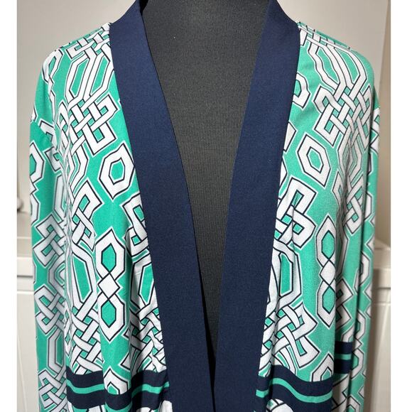 Susan Graver Liquid Knit Geometric Open Cardigan Sz 1X Teal Green Black Stretch - Picture 2 of 8